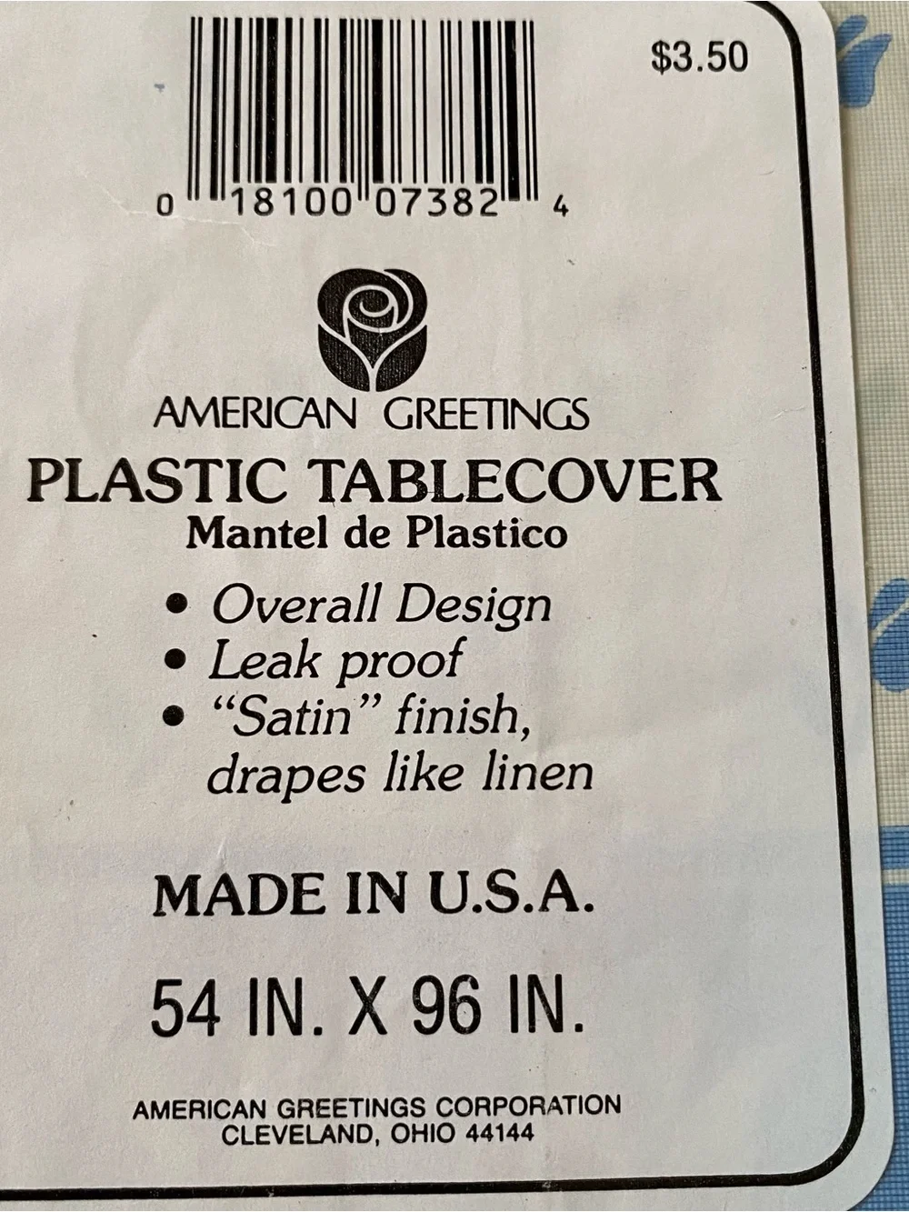 NEW Vintage 1980s 90s American Greetings Blue Floral Plastic Tablecloth 54 x 96